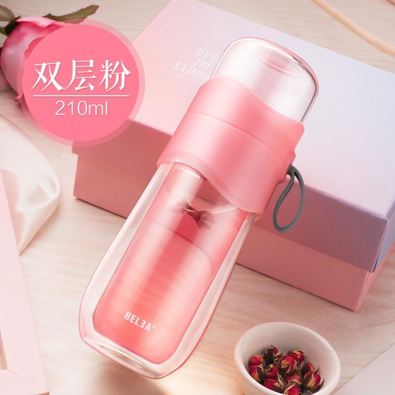 物生物(RELEA)便携泡茶杯玻璃杯过滤学生女创意韩国韩版清新可爱随手杯330ml_1 粉色双层210ml