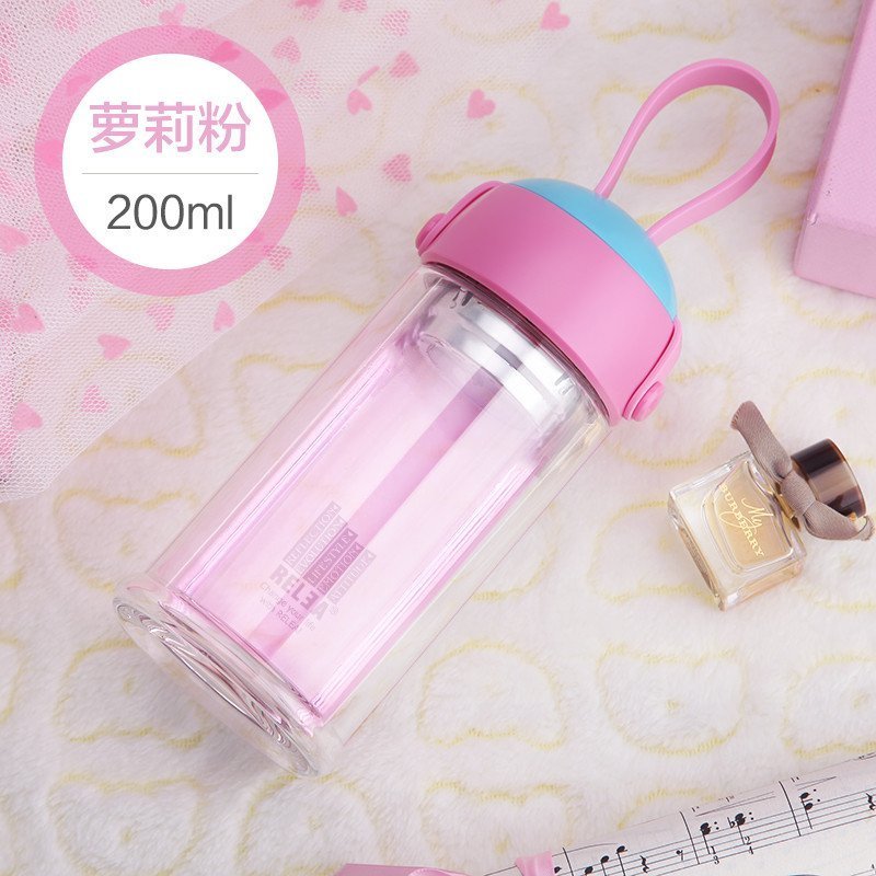 物生物双层水晶玻璃杯造型多变创意过滤便携杯女花茶杯水杯子 萝莉粉200ml