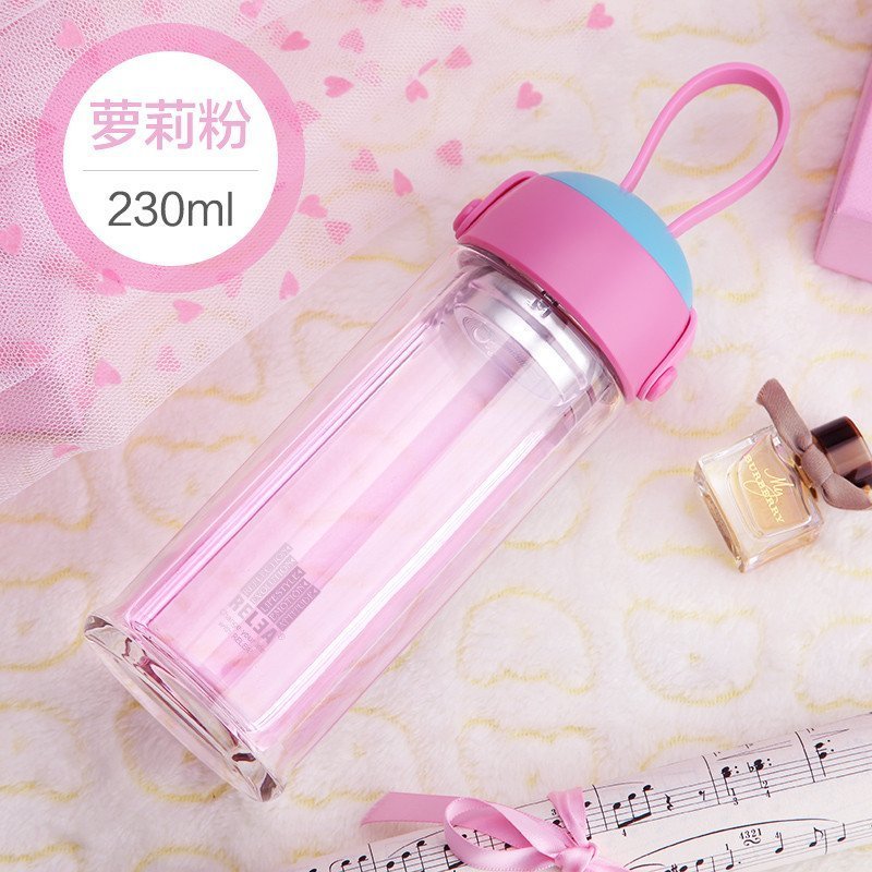 物生物双层水晶玻璃杯造型多变创意过滤便携杯女花茶杯水杯子 萝莉粉230ml
