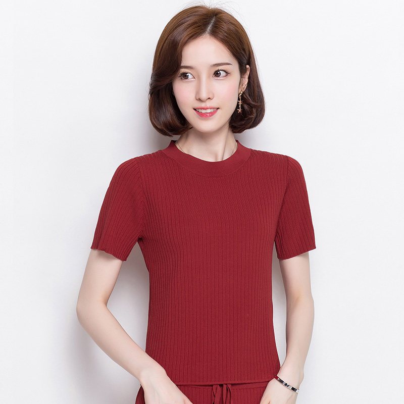 恒源祥针织短袖女春夏装休闲新款修身纯色套头上衣短款T恤打底衫_1 165/M 暗红