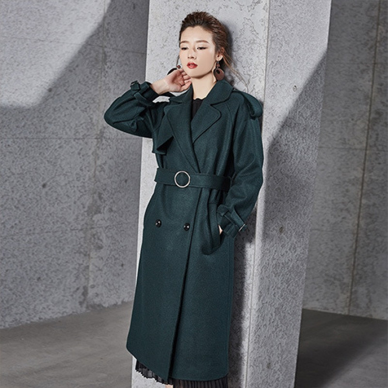 莉莉的呢子大衣女长款2018冬季新款风衣式毛呢外套带腰带收腰墨绿色大衣 M 墨绿