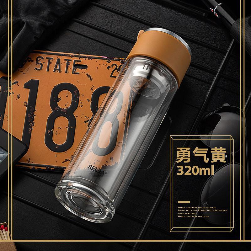 物生物(RELEA)旅行家双层玻璃杯便携带盖泡茶杯精致男女创意滤网水杯子320ml_1_6 勇气黄