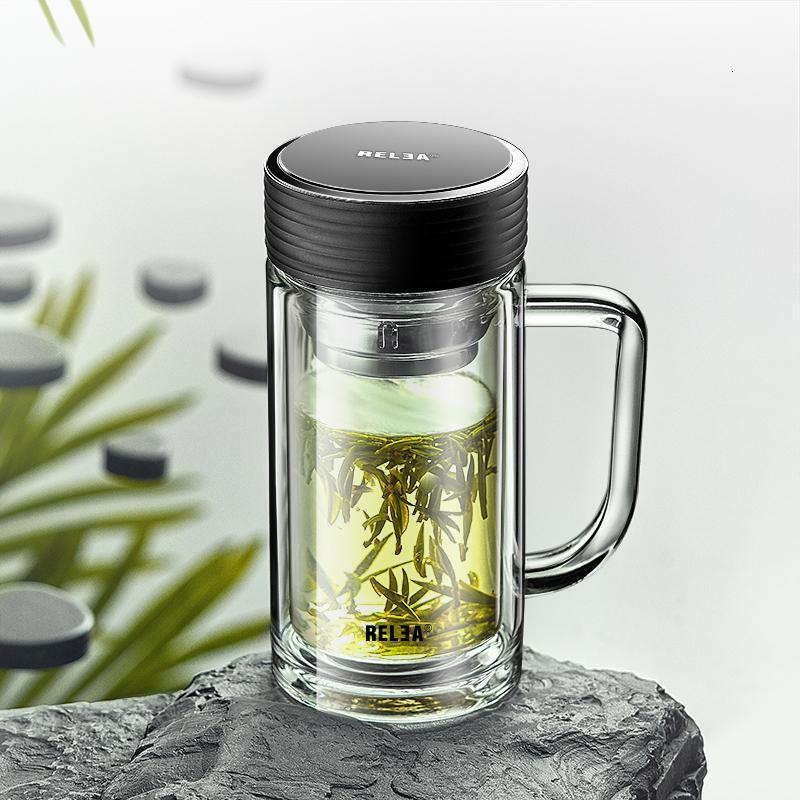 物生物(RELEA)玻璃杯双层水晶茶杯带手柄商务男士女士泡茶杯过滤网加厚大容量_2_2_9 君逸双层玻璃杯360ml