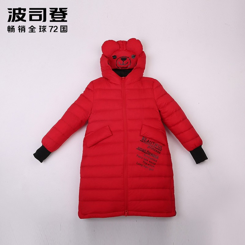 波司登童装男女童中长款羽绒服可爱熊耳朵连帽羽绒外套T70132112_2 155/76 中国红/黑色121E
