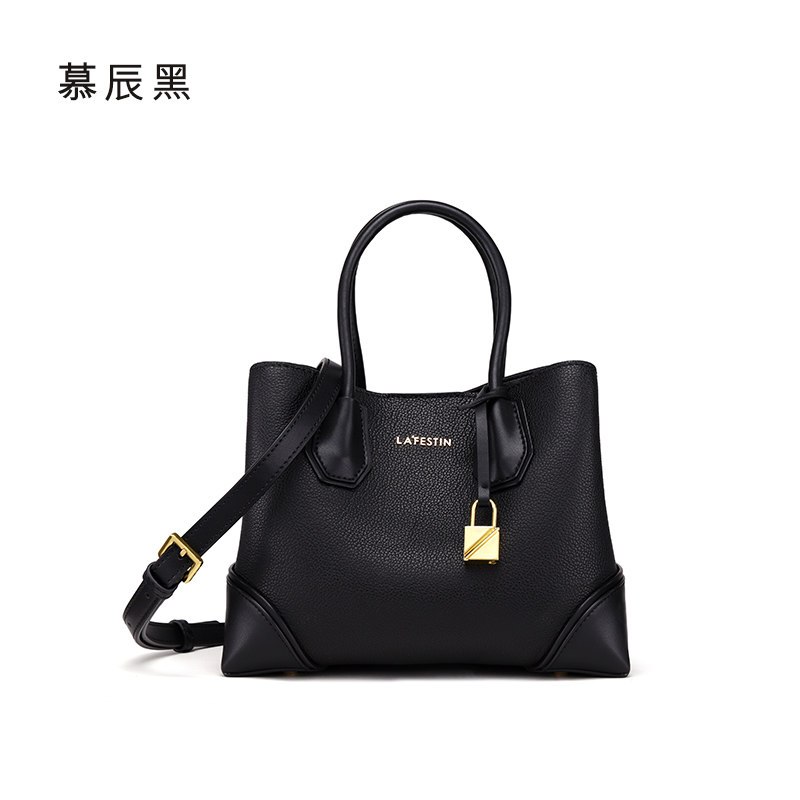 拉菲斯汀2018女包新款小香风牛皮凯莉包女手提包韩版斜跨包单肩包 慕辰黑