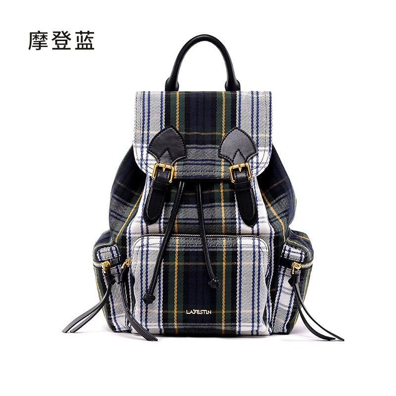 拉菲斯汀2018新款双肩包女轻便格子包时尚休闲背包大容量旅行包包 摩登蓝