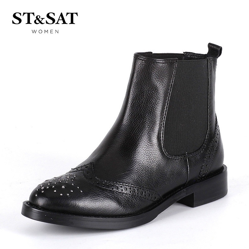 ST&SAT星期六专柜切尔西低跟平跟女靴牛皮英伦SS54112969 黑色 37