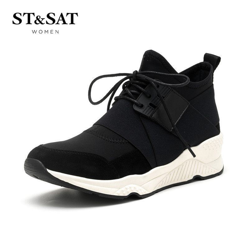 星期六ST&SAT绒面羊皮圆头中跟系带交叉绑带深口女鞋SS64117502 黑色 34
