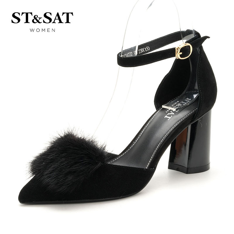 St&Sat/星期六羊反绒舒适浅口粗跟毛毛鞋女鞋SS72114772 10黑色 35