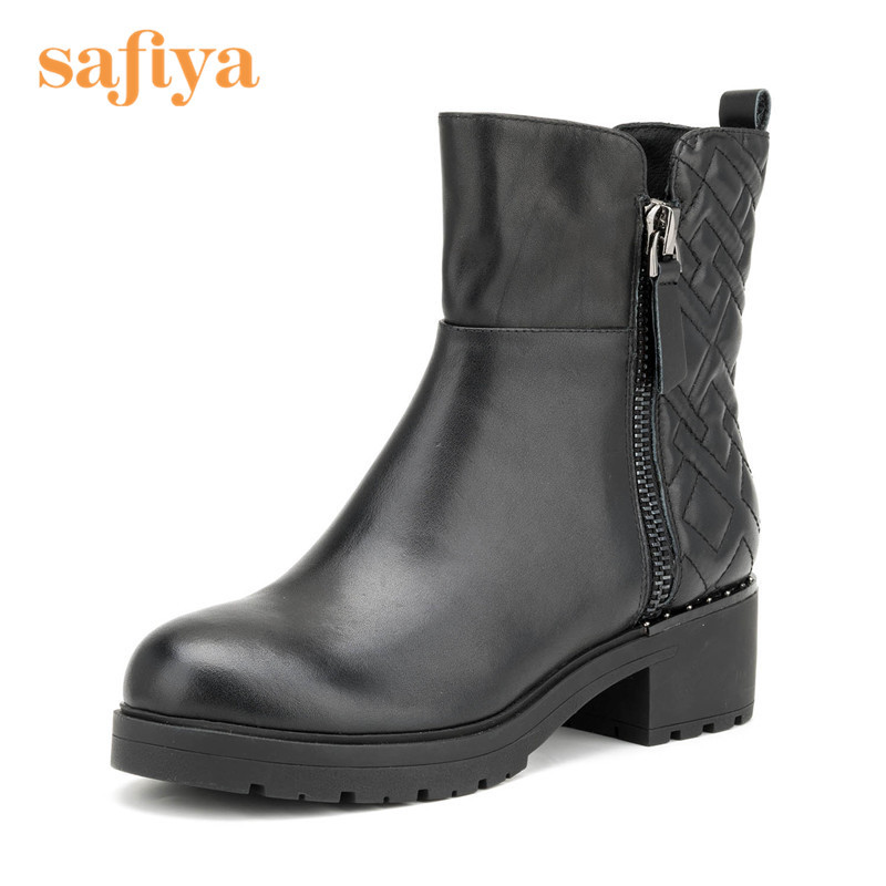 索菲娅Safiya牛皮方头中跟拉链皮革拼接深口女鞋SF54118502 黑色 37