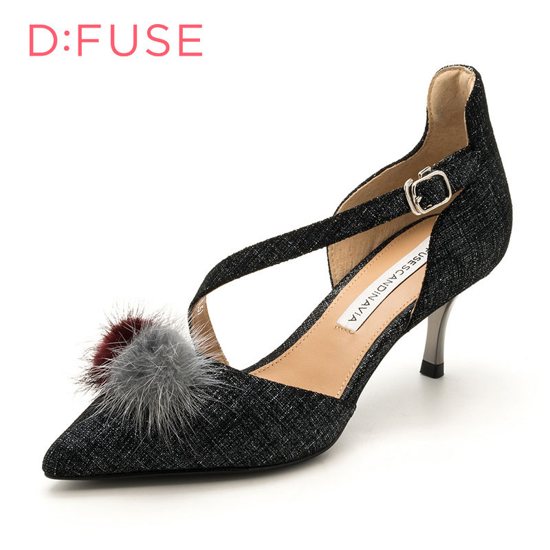 D：Fuse/迪芙斯尖头脚背带搭扣中空毛毛单鞋DF73114003 10黑色 39
