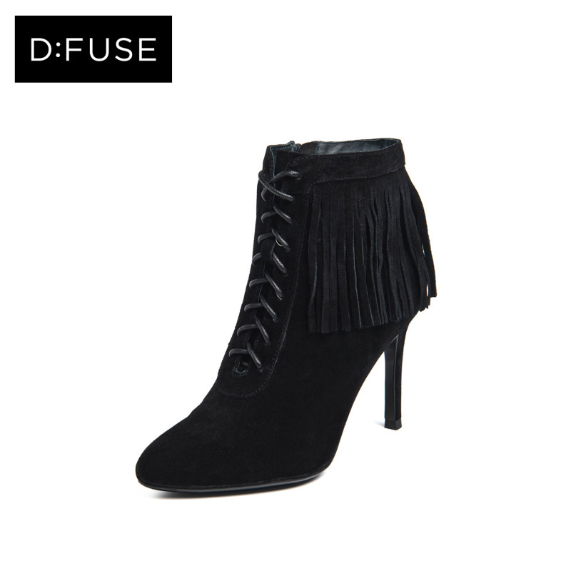 D：Fuse/迪芙斯冬季牛反绒圆头流苏高跟通勤短靴女鞋DF64117372 10黑色 39
