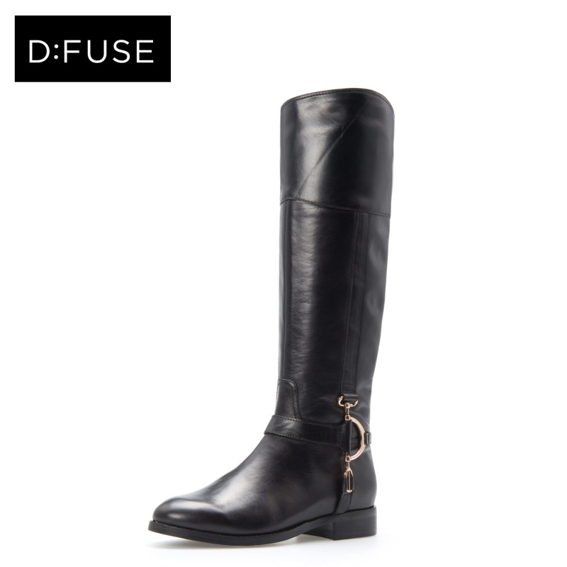 D：Fuse/迪芙斯冬牛皮圆头低跟骑士靴女鞋DF44116175 10黑色 39