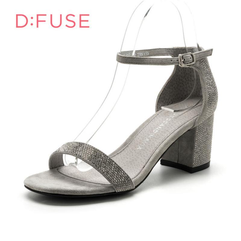 D：Fuse/迪芙斯夏羊反绒一字带露趾粗跟女凉鞋DF72115317 浅灰色 34