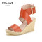 St&Sat/星期六凉鞋夏季高跟草编坡跟一字带凉鞋女鞋子SS62118169 桔红色 37