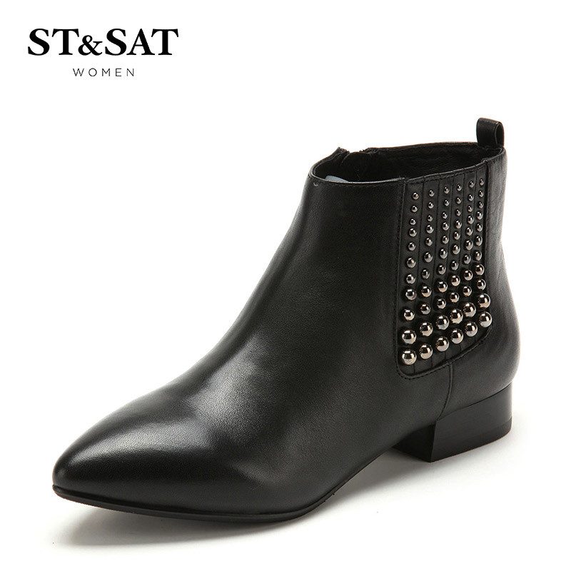 St&Sat/星期六秋冬新款牛皮铆钉尖头低跟短靴女鞋SS54112760 10黑色 35