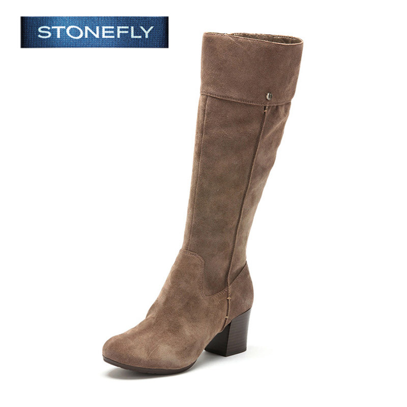 斯通富来STONEFLY复古牛皮尖头中跟拉链绒面显瘦长靴冬SD44111220 灰色 34