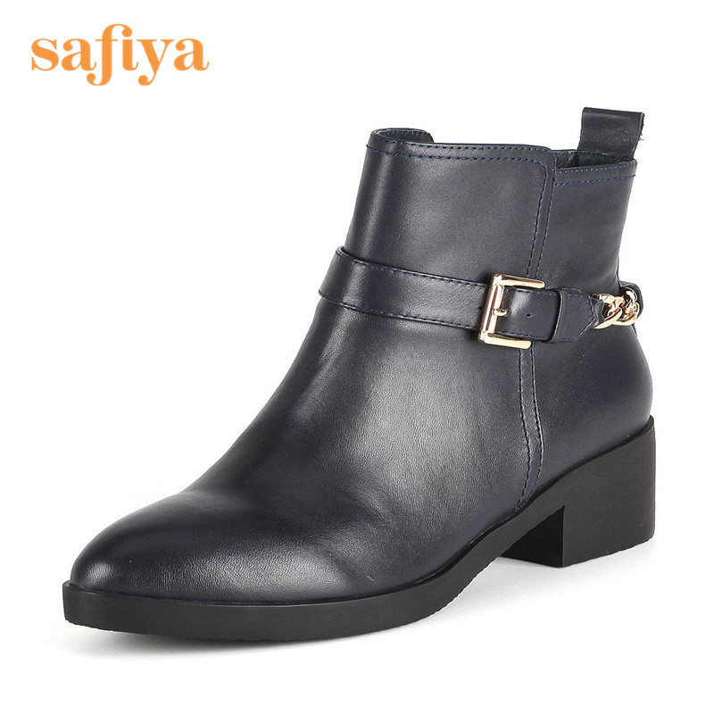 索菲娅Safiya牛皮圆头中跟拉链皮带扣深口女鞋SF54117081_OLK00 藏青色 34