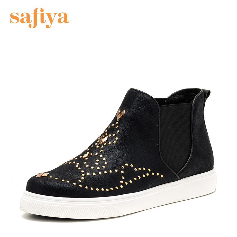Safiya/索菲娅 冬款爆裂PU时尚低跟铆钉女平底短靴SF64115039_UIn51 11黑色 35