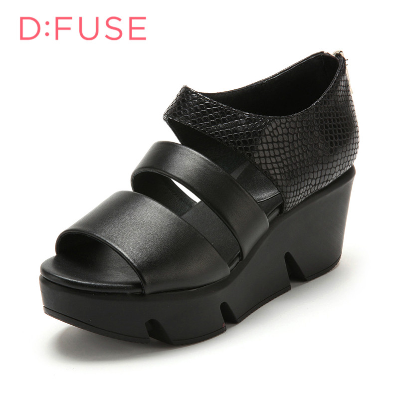 迪芙斯D:FUSE春专柜同款羊皮露趾百搭学生坡跟凉鞋女DF51111027 黑色 34