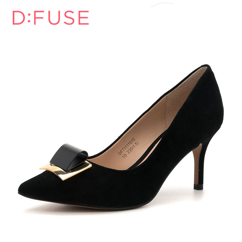 D：Fuse/迪芙斯绒面羊皮革尖头浅口高跟女鞋优雅单鞋DF71111010 10黑色 39