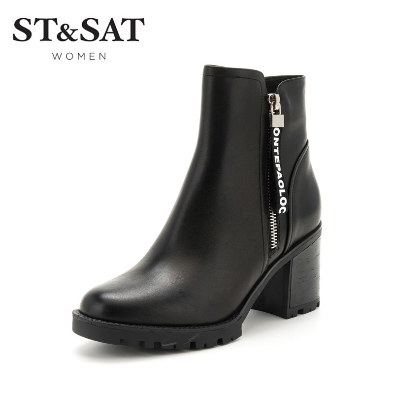 St&Sat/星期六冬季牛皮革圆头粗跟短靴女靴子SS74116541 10黑色 39