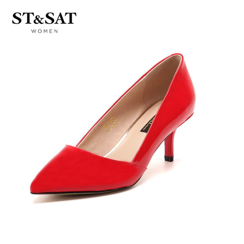 St&Sat/星期六春新款优雅浅口尖头高跟单鞋女鞋SS61115714 红色 34