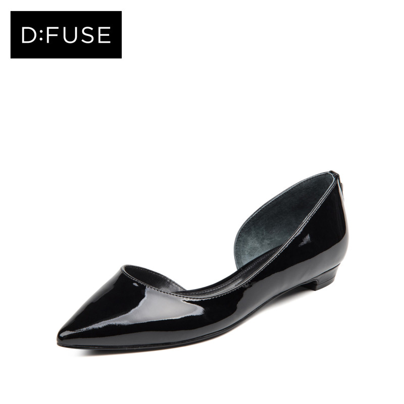 D：Fuse/迪芙斯牛漆皮尖头铆钉侧空低跟单鞋女鞋DF61113089 10黑色 35