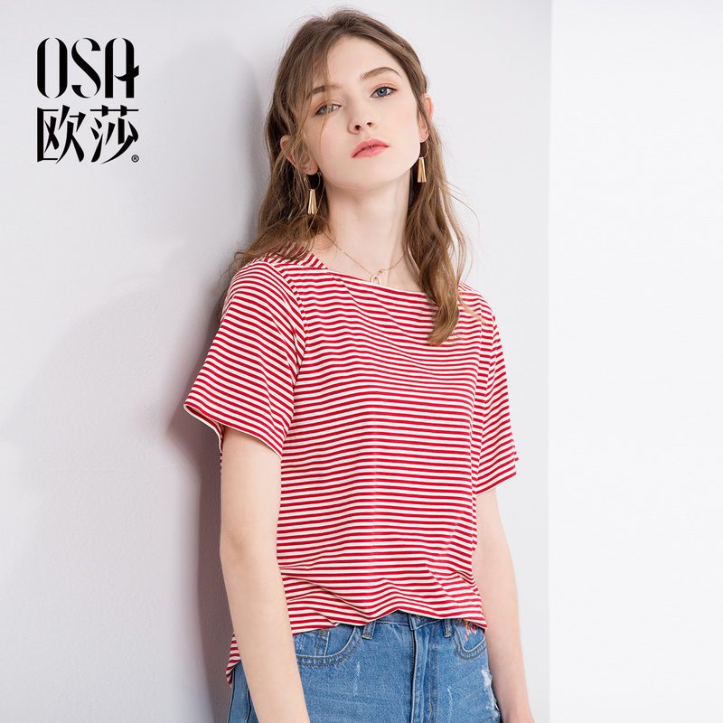 OSA欧莎18夏红白条纹ins超火T恤宽松chic韩版复古短袖上衣女 L 红白条纹