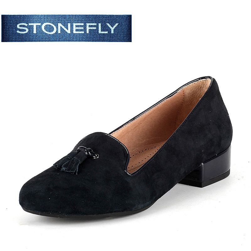 斯通富来STONEFLY秋季绒面羊皮粗跟时尚休闲经典单鞋女SD53115059 蓝色 38