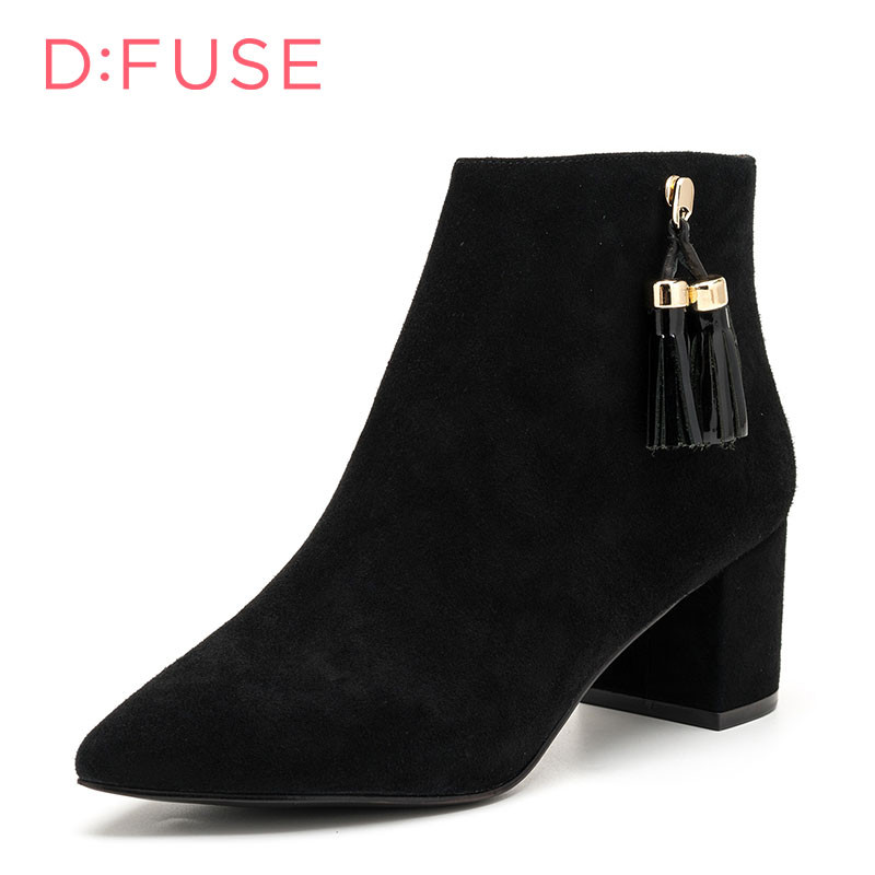 D：Fuse/迪芙斯冬羊反绒尖头流苏粗跟时尚通勤短靴女鞋DF64117029 10黑色 39