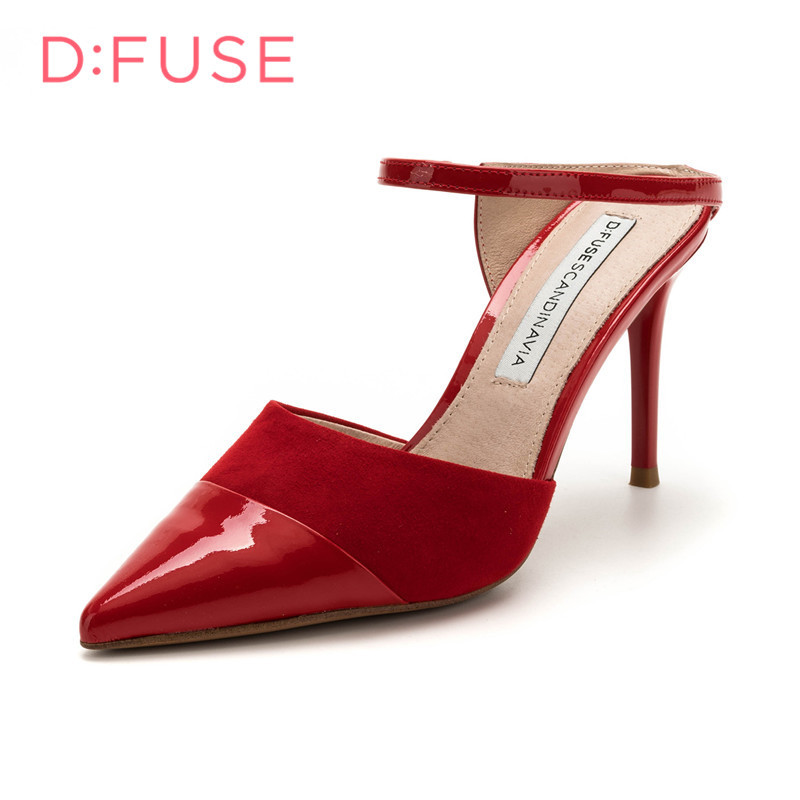 D：Fuse/迪芙斯尖头细跟职业休闲漆皮女拖鞋DF82110233 红色 34