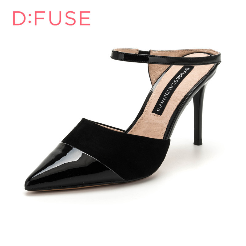 D：Fuse/迪芙斯尖头细跟职业休闲漆皮女拖鞋DF82110233 黑色 37