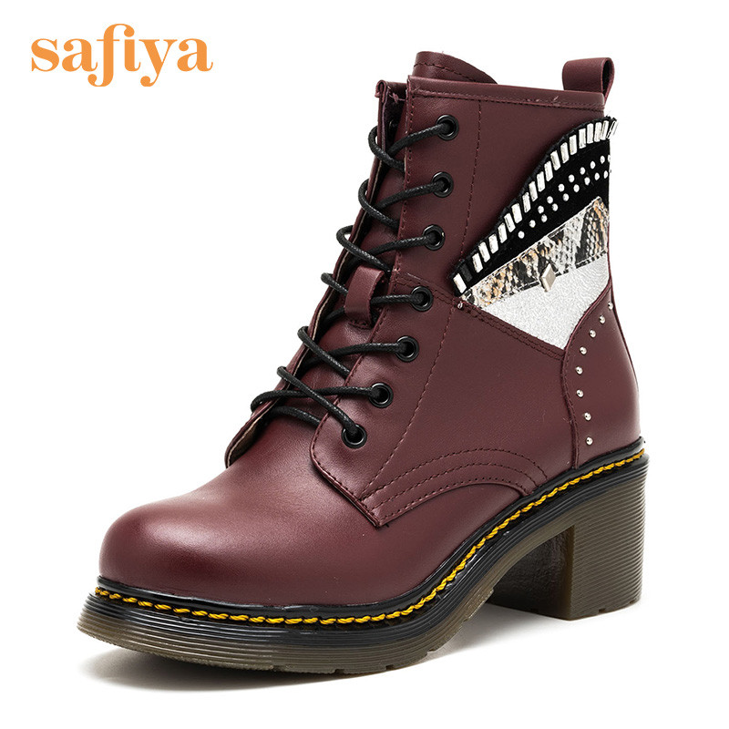 Safiya/索菲娅牛皮圆头铆钉粗跟英伦马丁靴短靴女靴子SF64116119 37酒红色 39