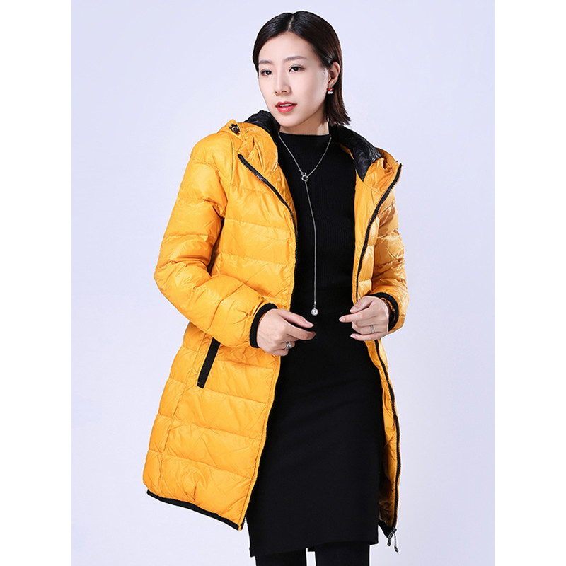 千仞岗新品羽绒服女中长款修身时尚连帽冬装外套Q-1731 黄色 155