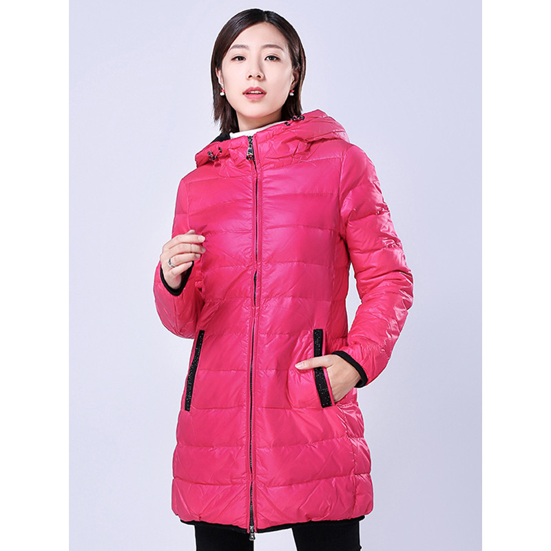 千仞岗新品羽绒服女中长款修身时尚连帽冬装外套Q-1731 玫红色 170