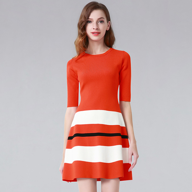 晚白 新款优雅气质圆领中袖打底撞色通勤时尚显瘦针织连衣裙 L 橘色