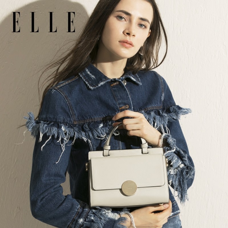 ELLE（她）2018年春夏新品女包 时尚马卡龙色百搭手提单肩斜挎包 牛皮小方包 70596 灰色
