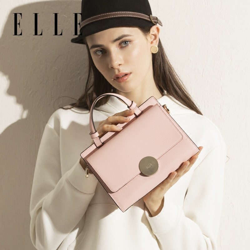 ELLE（她）2018年春夏新品女包 时尚马卡龙色百搭手提单肩斜挎包 牛皮小方包 70596 粉色