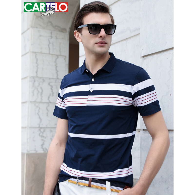 卡帝乐鳄鱼(CARTELO)T恤男2018夏季新品中年男士条纹纯棉宽松短袖 BA08523 藏青色 175/L