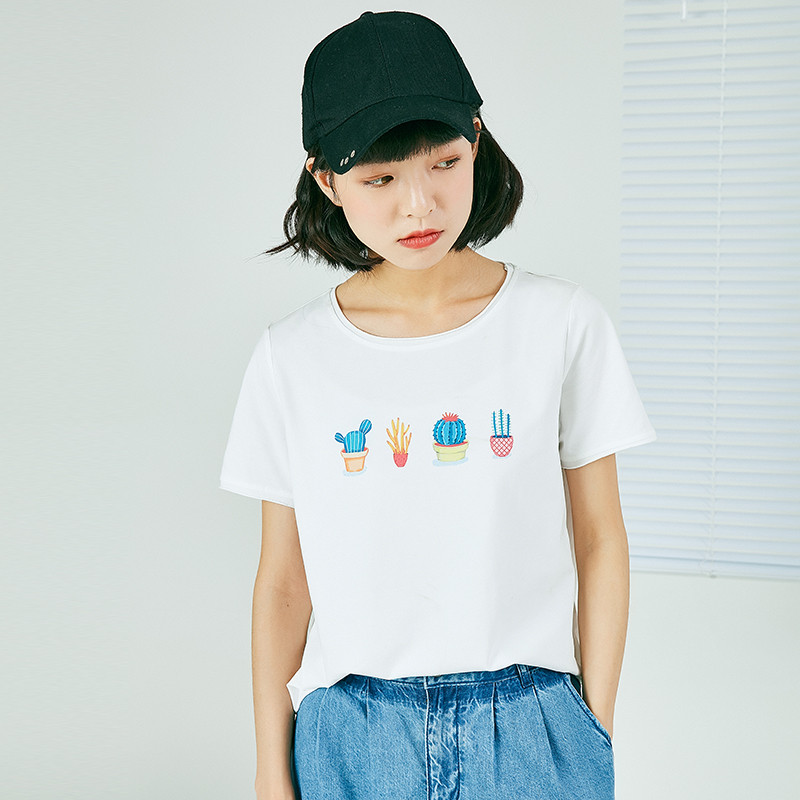 素缕夏装2018新款女短袖圆领宽松显瘦上衣可爱印花T恤IS8200媫_sKu37 M 植物印花