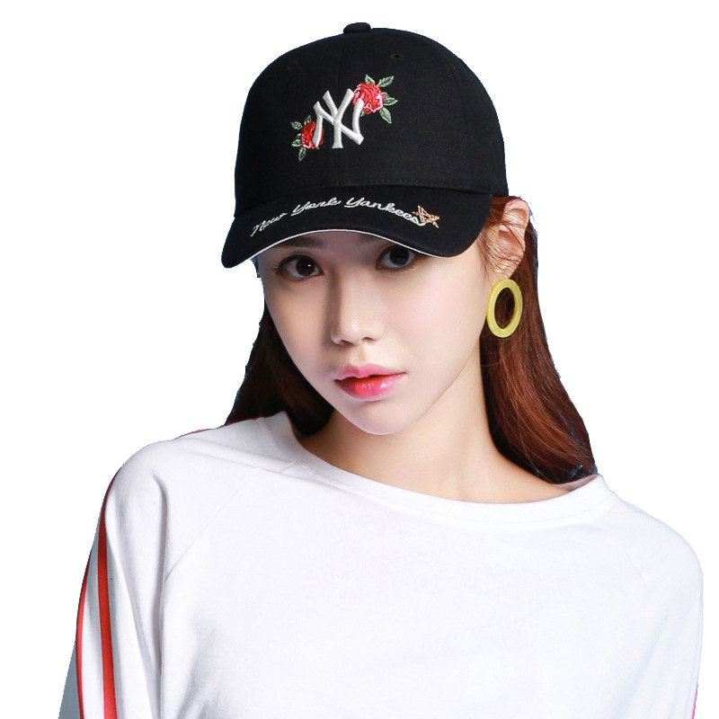 MLB 棒球帽子NY洋基队鸭舌帽 玫瑰花黑底白标男女通用款 32CPXE741-50L 黑色小玫瑰