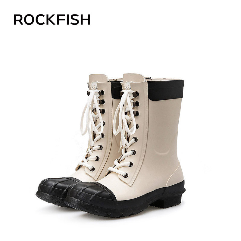 Rockfish英国春夏时尚中筒雨靴女 短筒雨鞋系带马丁天然橡胶水鞋_BUa28 黑／米色 36