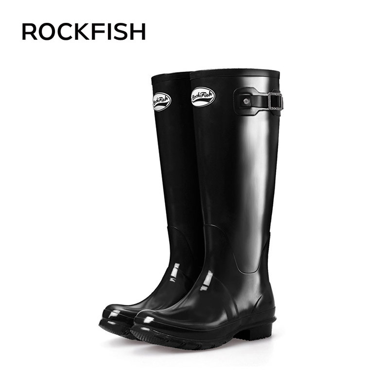 Rockfish英国春夏高筒威灵顿雨靴 女士潮流天然橡胶雨鞋女水鞋 亮光黑 40