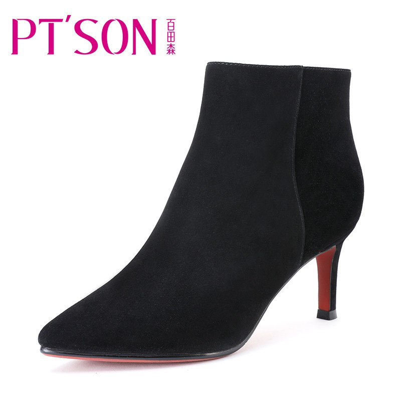 PTSON/百田森女靴磨砂尖头高跟细跟短靴秋冬女鞋小跟靴子 黑京（羊皮） 34