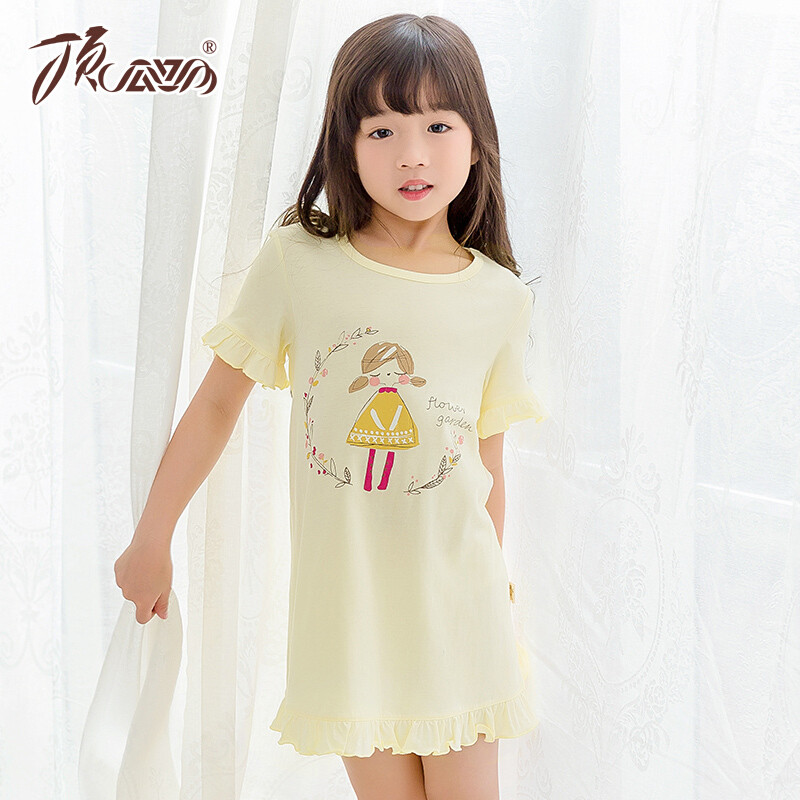 顶瓜瓜儿童睡衣女大童睡裙夏季纯棉小孩睡衣短袖女孩家居服 绿色 110 110 黄色