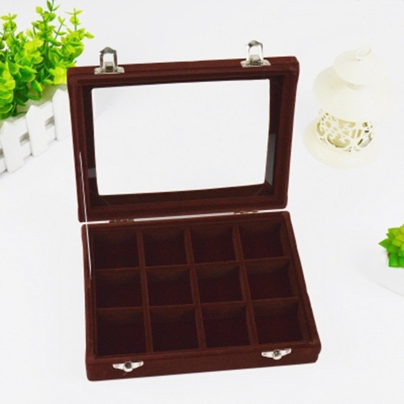 木质翻盖耳钉盒子首饰耳环收纳盒饰品展示盒托盘桌面小物件储存盒_2 咖啡小号12格
