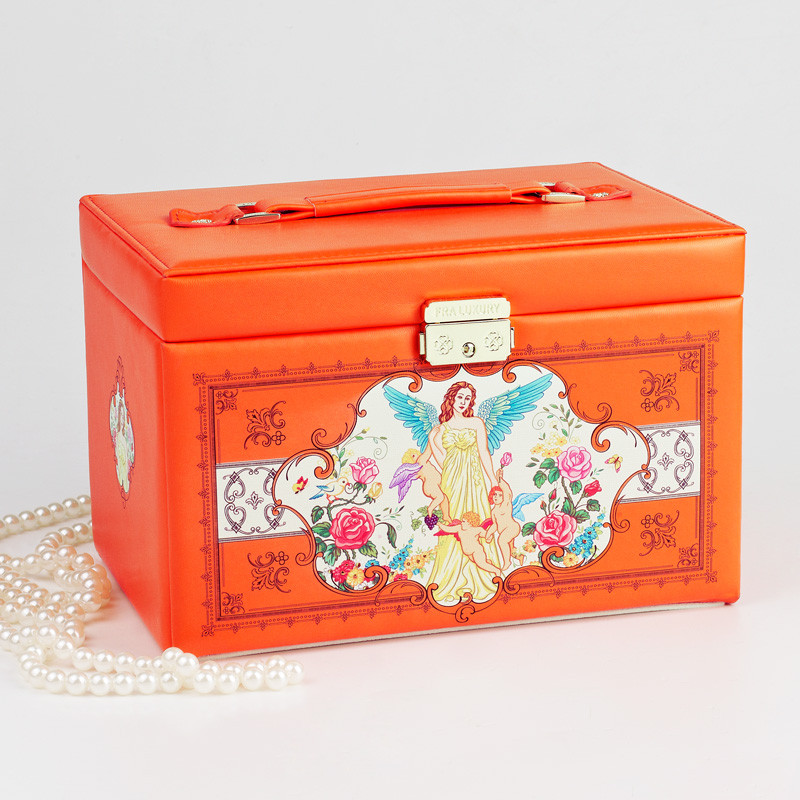 首饰盒欧式韩式锁复古皮革手饰品首饰收纳盒多层木质化妆盒_2 橙色