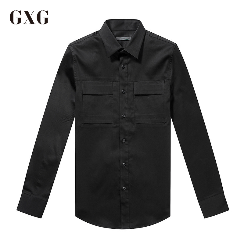 GXG长袖衬衫男装秋季男士修身时尚商务流行休闲黑色衬衣青年男款 185/XXL 黑色