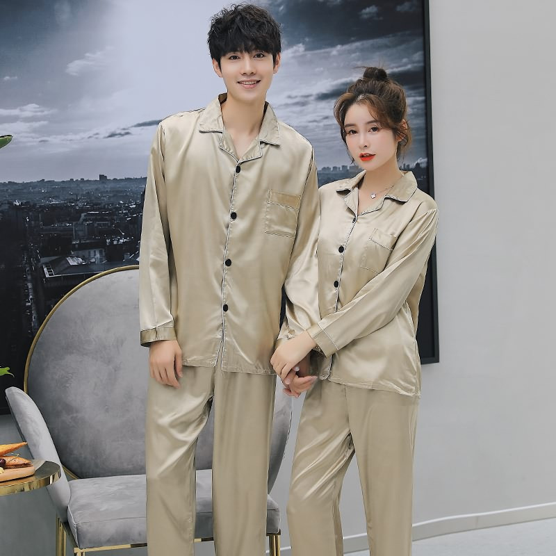 爱心鼠(Aixinshu) 春秋季纯色仿真丝开衫长袖情侣睡衣居家服秋天冰丝男士女士家居服套装9431 女款XL码 2号款
